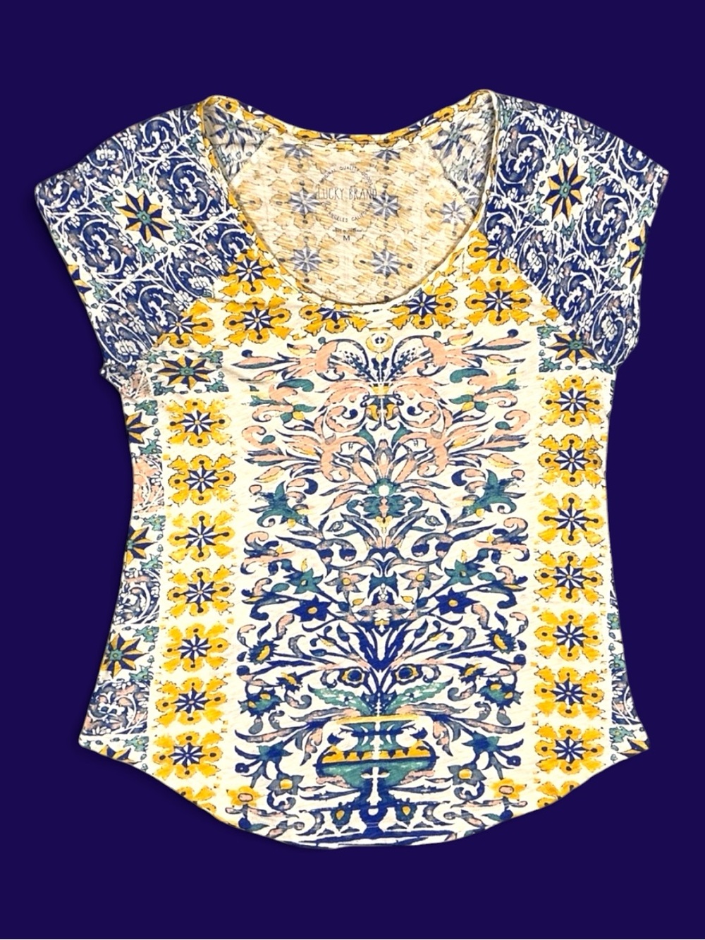 LUCKY BRAND Top Mulitcolor Tee Short Sleeve Persian Carpet Retro Boho Casual M